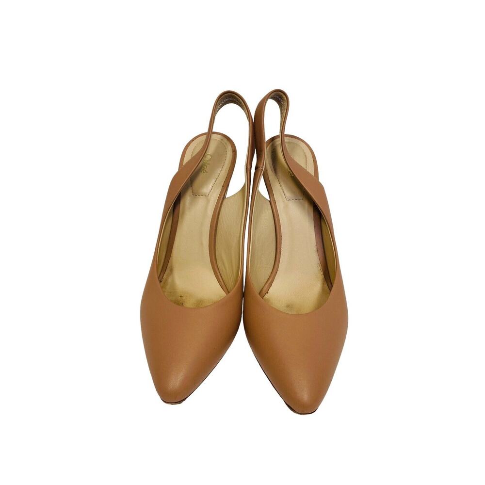 CHLOE $750 Nude Beige Leather Slingback Gold Trim Block Heel Pumps Size 36 US 6 - Picture 7 of 7